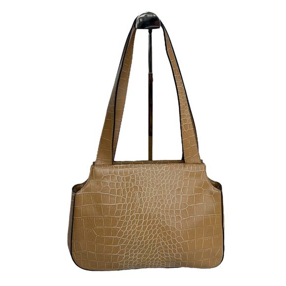 GUESS Tan Croc-Embossed Leather Double-Handle Shoulder Bag - Picture 4 of 12